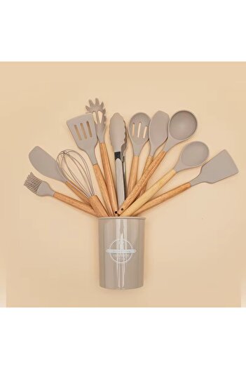 BKC HOME 13 Pieces Silicone Colander Scoop Beater Spoon Brush Spatula Tongs Serving Set Kitchenware with Bamboo Handle