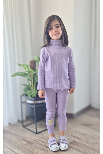 BALKABAĞI Lilac Striped Turtleneck Label Detailed 2-Piece Ribbed Leggings Set (2-9 Years Old)