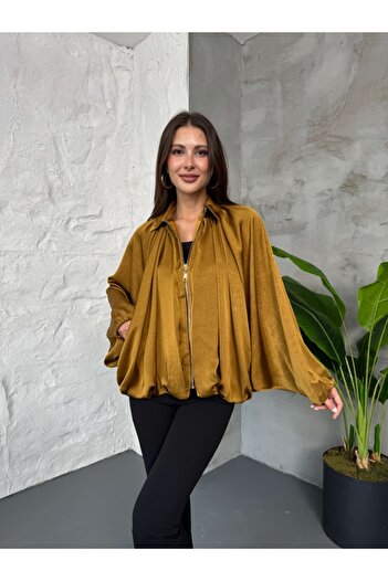Elif Özbey Butik Σαφράν Σατέν Μπουφάν με φερμουάρ μπροστά