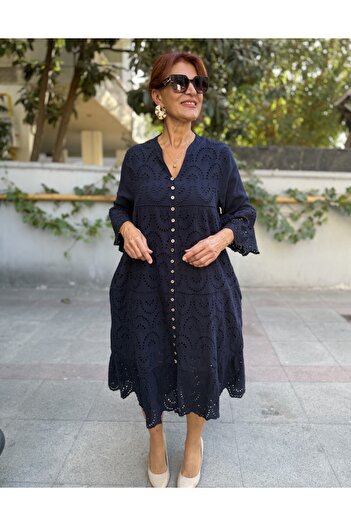 DenizEge All Button Brode Dress Khaki