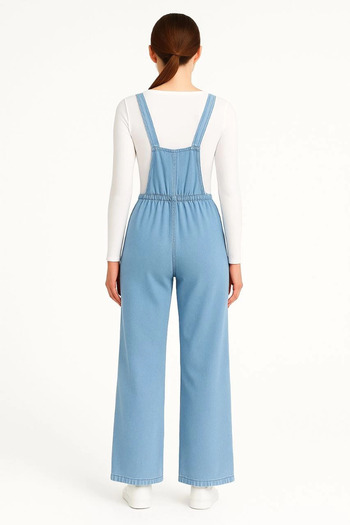 Emu Wear Women's Chambray Light Blue Denim Look Wide Leg Salopet Jumpsuit - Blue