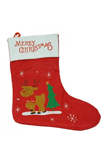 Stef's Cat Gift Sock, with Reindeer Pattern, Red, Size 19x38 cm, Textile, Interior