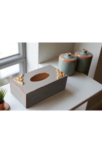 Decoratiuni Vintage Casa Retro Napkin box and carved wooden ornament, hand-painted antique gray, 13*25 cm