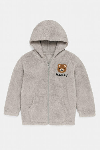 Uğur bebe Welsoft happy bear embroidered grey hooded kids plush cardigan – zippered, pocketed, winter sweatshirt