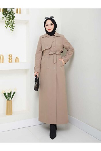 B.HE.Z Linen Degaje Collar Full Length Lined Belted Trench Jeans Mink