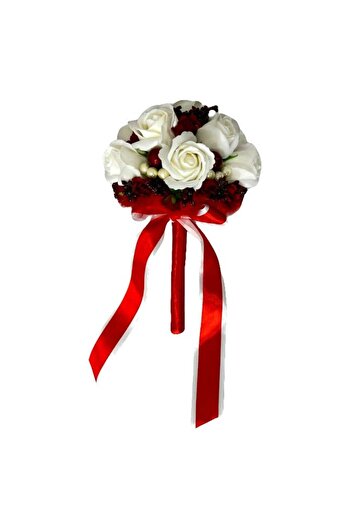 velve Bridal Bouquet, with soap roses, stamens, paper flowers and handmade pearls, White-Red