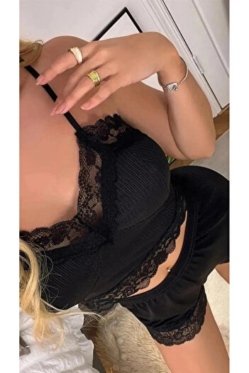 Eloria Fashion Women's Black Lace Pajama Set with Shorts
