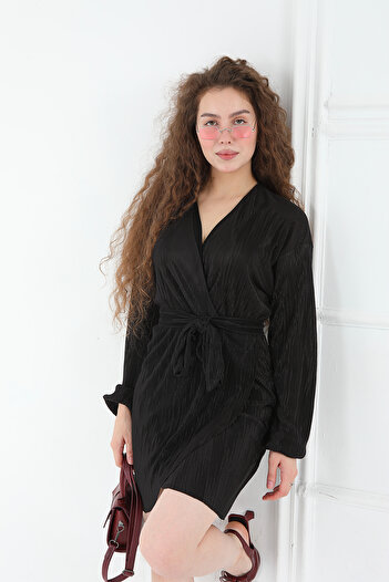 lzv Slim Wrap Fabric Belted Mini Dress - Black