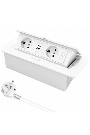 Adsinio Retractable Built-in Socket,Adsinio,2 Schuk,1 USB-A,1 USB-C,Rated Current 16A, Aluminum Alloy, White