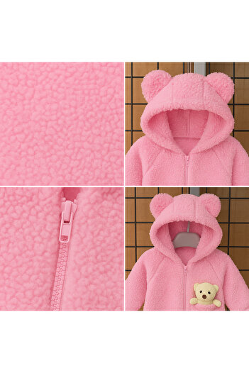 MYZİ STORE Hooded Plush Baby Romper – 100% Cotton with Teddy Bear Detail (0-12 Months)