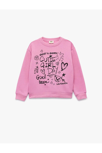Koton Crew Neck Raised Printed Pink Girls' Sweatshirt 6Wkg10108Ak