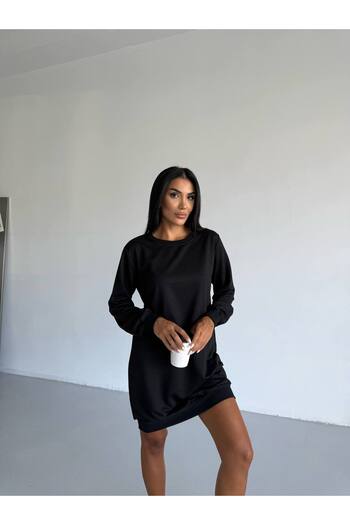 STYLENEST Crew Neck Long Sleeve and Long Women's Tunic Black Comfortable Fit