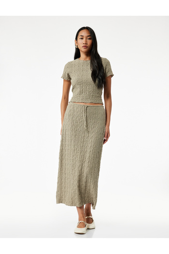 Koton Slim Fit Pleated Midi Pencil Skirt with Tie Waist and Textured Fabric