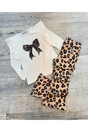 ARBİ kids Girl's Leopard Print Bow-Knot Stylish Seasonal Spanish Pantalon Suit