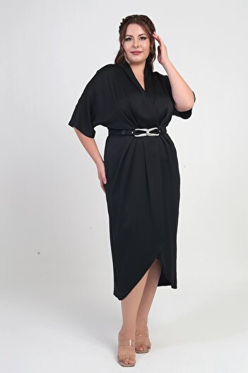 By Saygı Women's Double Breasted Collar Short Batwing Sleeve Double Pleated Crepe Satin Plus Size Midi Designer Dress