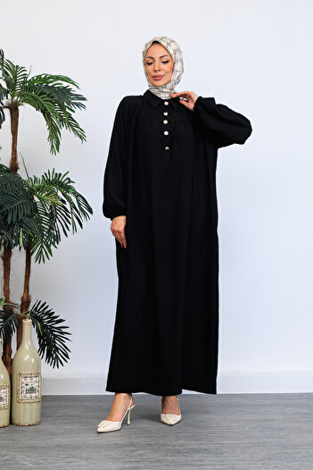 OKTAYUSTA COLLECTİON Μαύρο φόρεμα Mevlana με μισό πόδι μπροστά, πουκάμισο με γιακά και ρόμπα