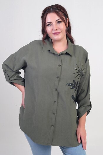 By Saygı Women's Oversized Shirt with Sleeve Folds, Floral Appliques, and Side Slits