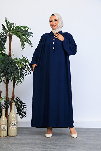 OKTAYUSTA COLLECTİON Mevlana Dress with Half Button Front Shirt Collar Robe Navy Blue