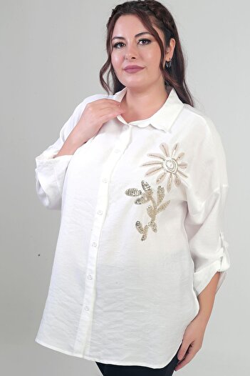 By Saygı Women's Oversized Shirt with Sleeve Folds, Floral Appliques, and Side Slits