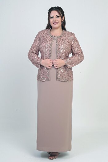 By Saygı Women's Sequins Embroidered Beading Detail Tulle Jacket Half Moon Sleeve Long Dress Lined Crepe Plus Size 2-Piece