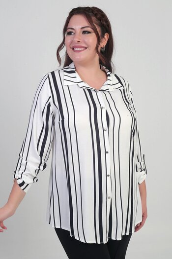 By Saygı Women's Sleeve Folded Neckline Striped Plus Size Shirt