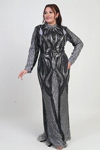 By Saygı Women's Stand Collar Sequin Embroidered Lined Plus Size Long Dress