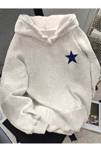 ModaQamar Star Printed Oversize Kangaroo Pocket Gray Hooded Sweatshirt Hoodie