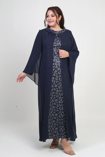 By Saygı Women's Top with Chiffon Cape, Sequin Stone Detail, Geometric Pattern, Lycra B.B. Long Dress