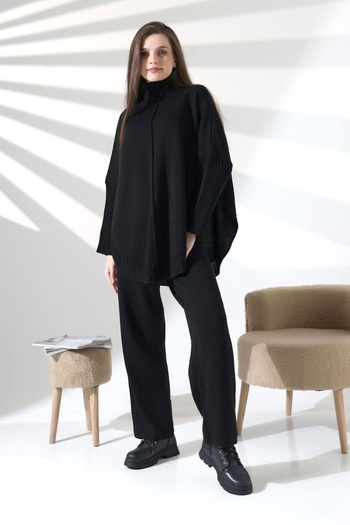 bacc Black High Neck Loose Cut Sweater and Fit Pants Bottom Top Knitwear Set Bces-252033