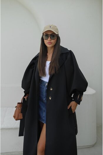 Havoş Black Balloon Sleeve Belted Trench Coat