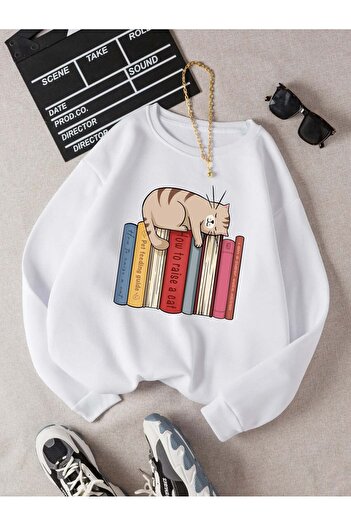 Trend Sizde Unisex Λευκό Φούτερ με στάμπα κινουμένων σχεδίων με λαιμόκοψη