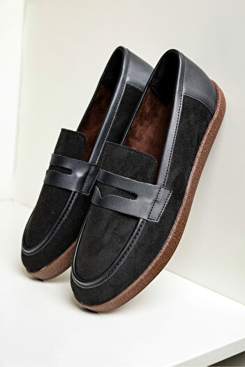 by selvi Lukka Shoes Livya Men's Black Suede Garnished Loafer Shoes