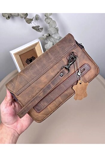 Fil Deri Genuine Leather Large Handbag with Zipper and Wrist Strap 2107