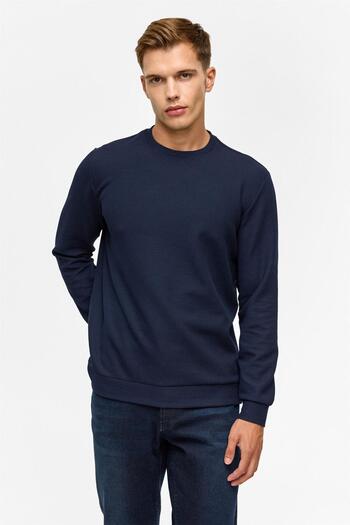 SÜVARİ Navy Blue Regular Plain Crew Neck Sweatshirt