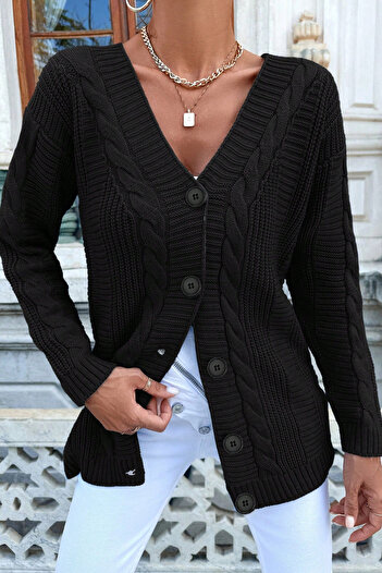Cemre Life Women's V-Neck Soft Textured Buttoned Knitwear Cardigan