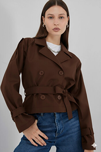 hazelin Women's Brown Double Breasted Collar Belted Lined Short Trench Coat Hzl25W-Bd159701
