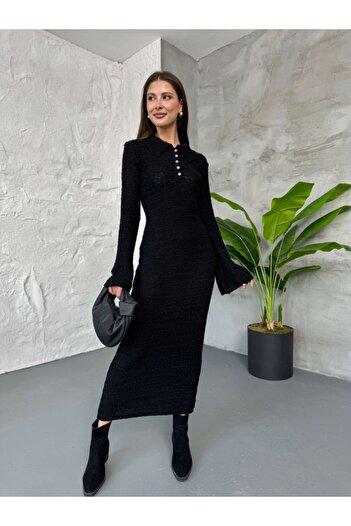 Elif Özbey Butik Siyah Polo Yaka Dokulu Triko Elbise