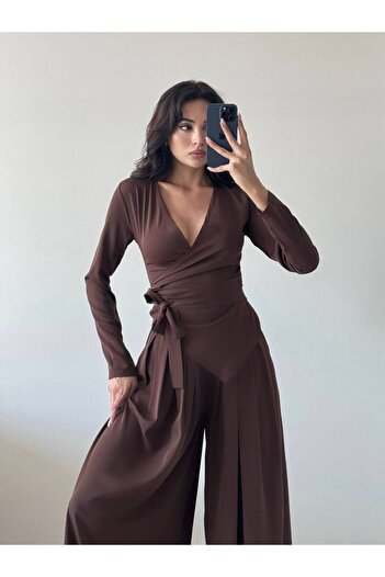 LOCH BUTİK Women's Coffee Double Breasted Collar Tie Pleated Pants Two Piece Set