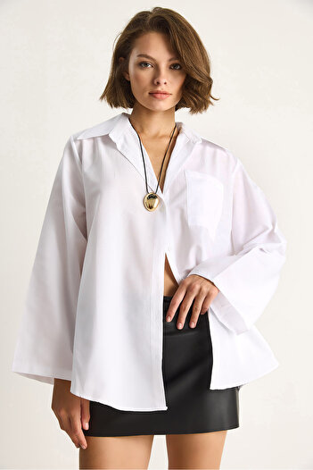 Bianco Lucci Women's Wide Sleeve Single Pocket Detailed Oversize Basic Poplin Shirt 2144 60284103