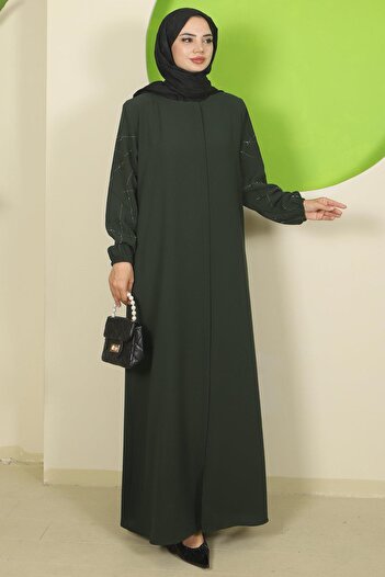 hafsamina Large Size Ferace Khaki with Stone on the Sleeves Hm2801