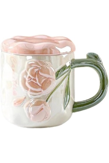 Manolex Ceramic mug with lid and floral motif, Packed in gift box