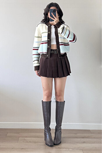 Eka Women's White Striped Plush Cardigan 1014-2499
