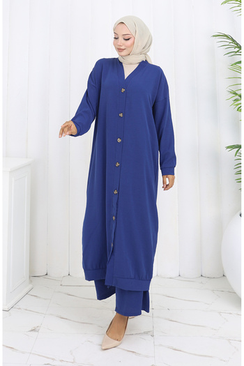 sefamerve Buttoned Cardigan and Trousers Two-Piece Set 0138-08 Navy Blue