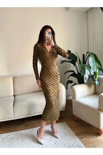 Zoom Butik V Yaka Ters Dikiş Elbise - HAKİ