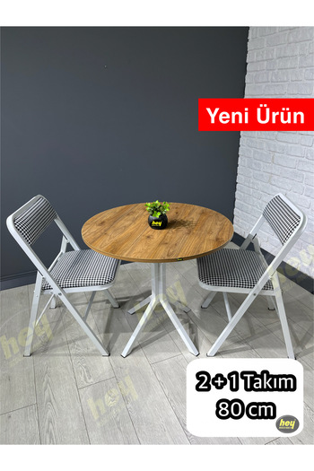 hey modüler mobilya Aras Ceviz 2 Kişilik Yuvarlak Mutfak Yemek Masası Takımı 2+1 Beyaz Kazayağı 80 cm