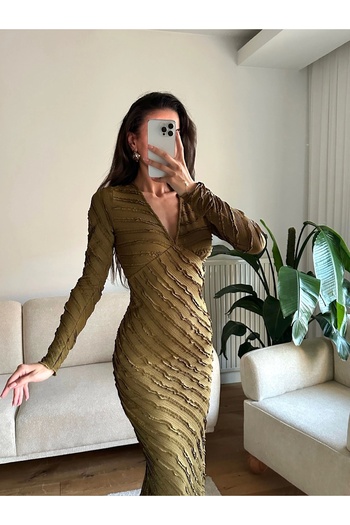 Zoom Butik V Yaka Ters Dikiş Elbise - HAKİ
