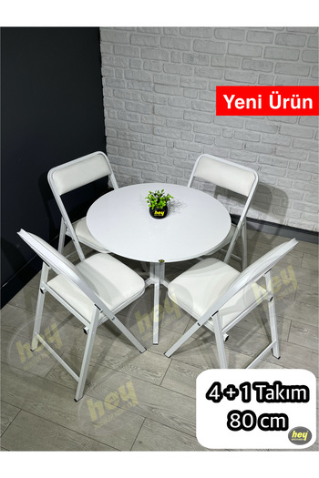 hey modüler mobilya Aras Beyaz 4 Kişilik Yuvarlak Mutfak Yemek Masası Takımı 4+1 Beyaz Deri 80 cm