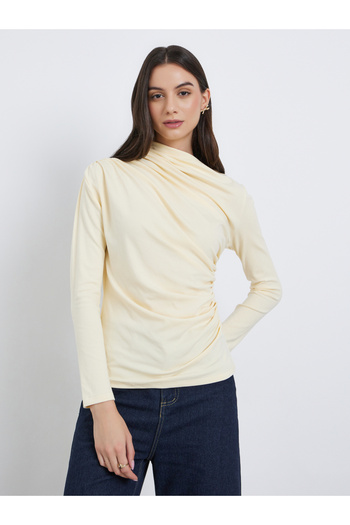 Take Two By Styli Women Solid Ruched Detail Asymmetric Neck Top