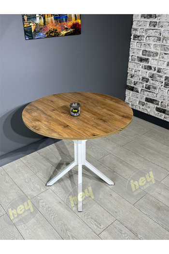 hey modüler mobilya Aras Ceviz 4 Kişilik Yuvarlak Mutfak Yemek Masası Takımı 4+1 Beyaz Kazayağı Kumaş 80 cm
