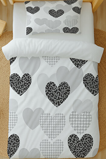 Else Dekor Gray Black Hearts Patterned Cotton Satin Single Duvet Cover Set 160X220Cm
